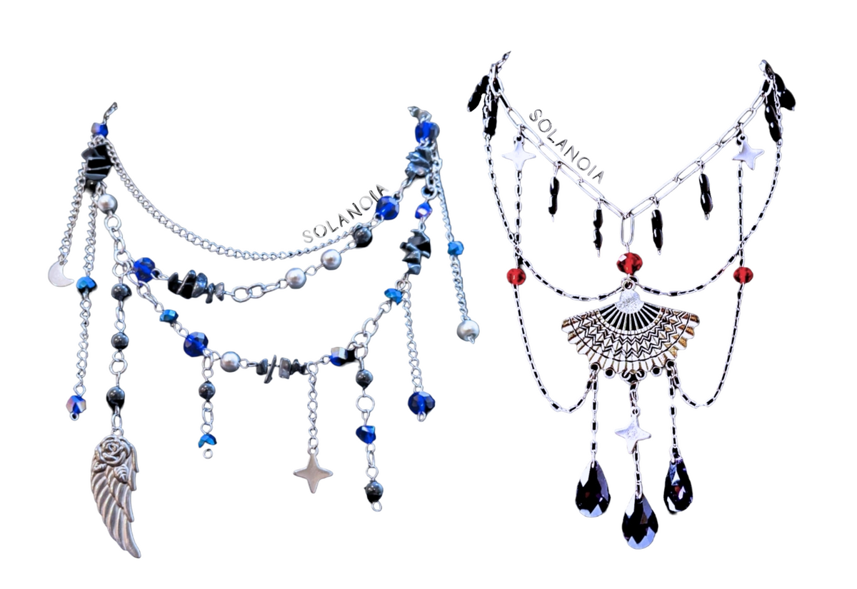 black swan bts kpop anime inspired edgy gothic grunge necklace choker, stainless steel, blue glass beads, pearls, black onyx gemstone. dreamy star, moon, wing charms. dramatic, layered necklace, large silver japanese tessen charm, purple drop, red accent