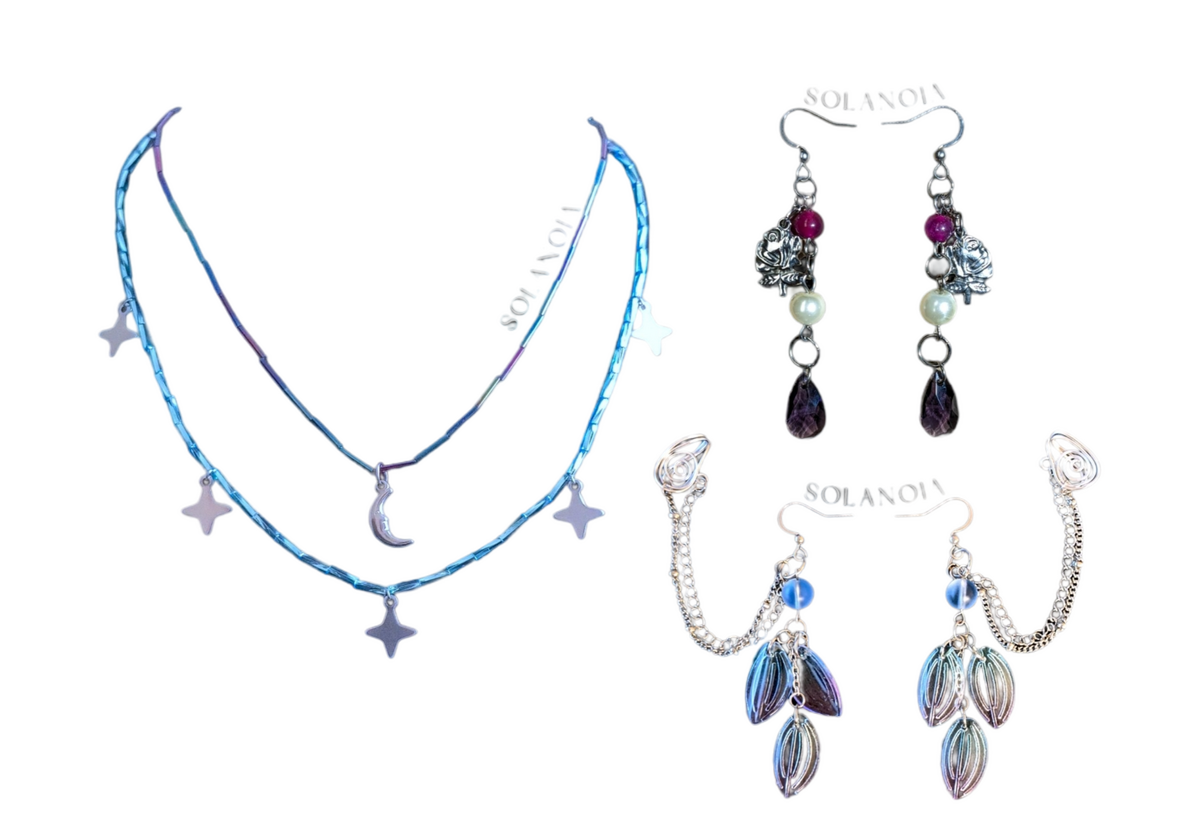 dainty beaded blue necklaces, celestial star moon charms pendants. romantic earrings. stainless steel rose charm, glass pearls, purple drop beads. fairy of shampoo tomorrow x together jewelry eternity, cuffed earrings alt y2k kpop angelcore coquette choker