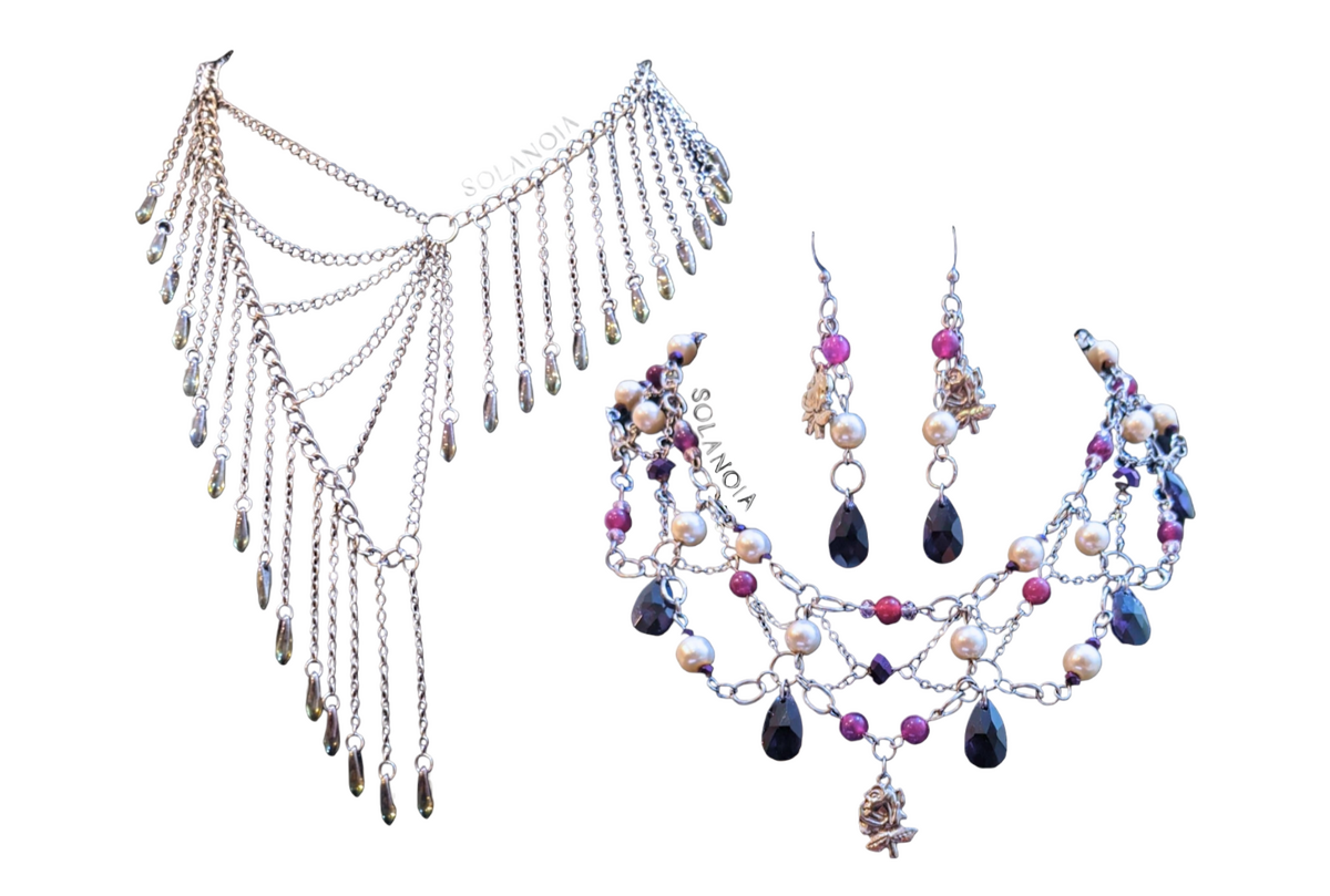grand, intricate, web-like silver stainless steel necklace, dangling mossy green glass drops. intricate woven berry, purple, white glass pearl necklace with a rose motif. victorian, edwardian, lolita, elegant pink grunge fairy jewelry aesthetic